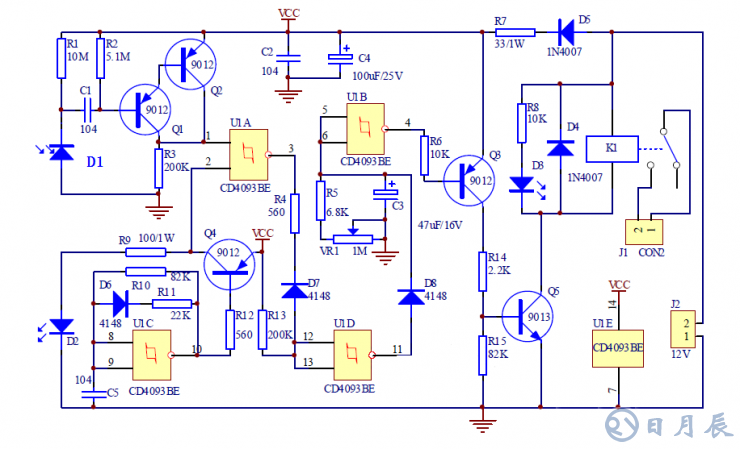 紅外接近開關(guān)電路 本例紅外接近開關(guān)電路是通過檢測發(fā)射的紅外線信號是否被發(fā)射來判斷前方是否有物體，從而控制繼電器的開關(guān)動作來控制其它電路（本例省略）。.png