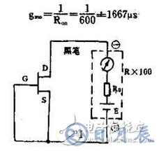 　萬(wàn)用電表置R×1k檔，然后反復(fù)測(cè)試管子的三個(gè)電極，只要其中兩腳的正、反向測(cè)試電阻值相等，約為幾千歐姆時(shí)，這兩個(gè)極必定是漏、源極。當(dāng)然為了驗(yàn)證還得確定剩下那只腳是柵極，該腳對(duì)漏、源極中任一腳的正、反向電阻應(yīng)是不一樣大的（PN結(jié)），若—樣，說(shuō)明該管是壞的。